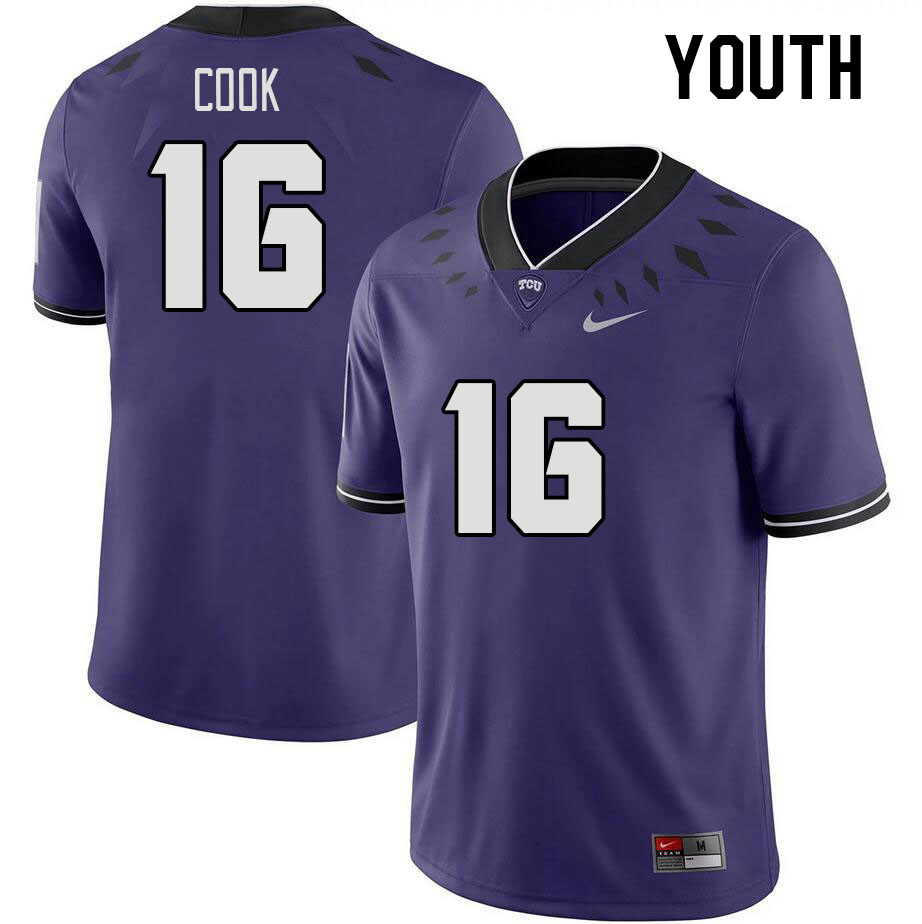 Youth #16 Cam Cook TCU Horned Frogs 2023 College Footbal Jerseys Stitched-Purple - Click Image to Close